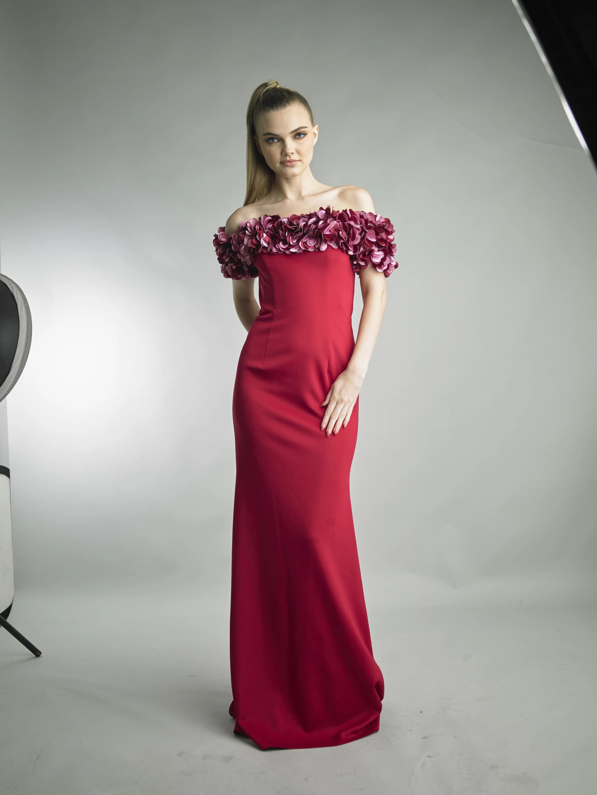 Laser-Cut Petal Off-Shoulder Mermaid Gown view 2
