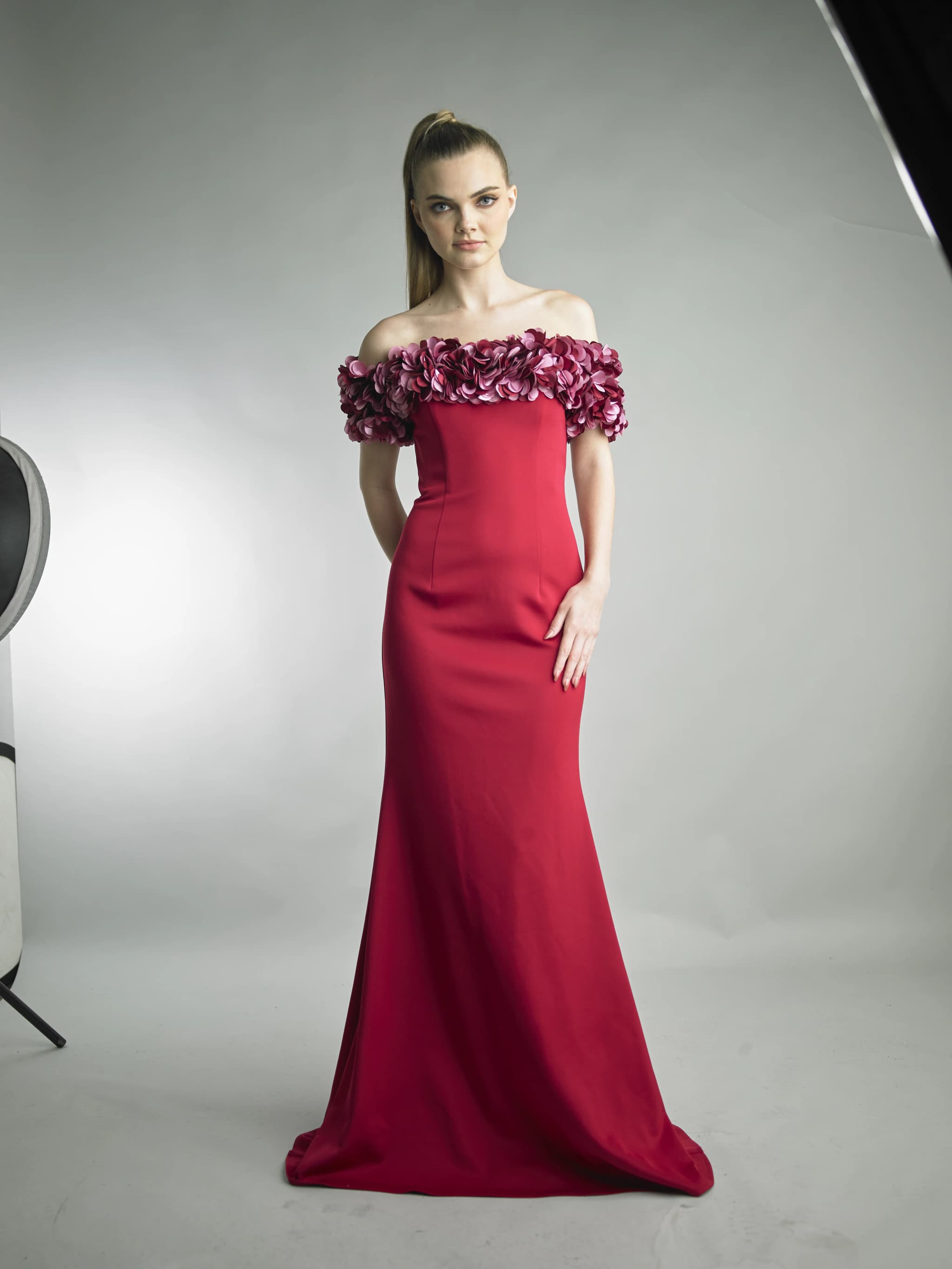 Laser-Cut Petal Off-Shoulder Mermaid Gown view 3