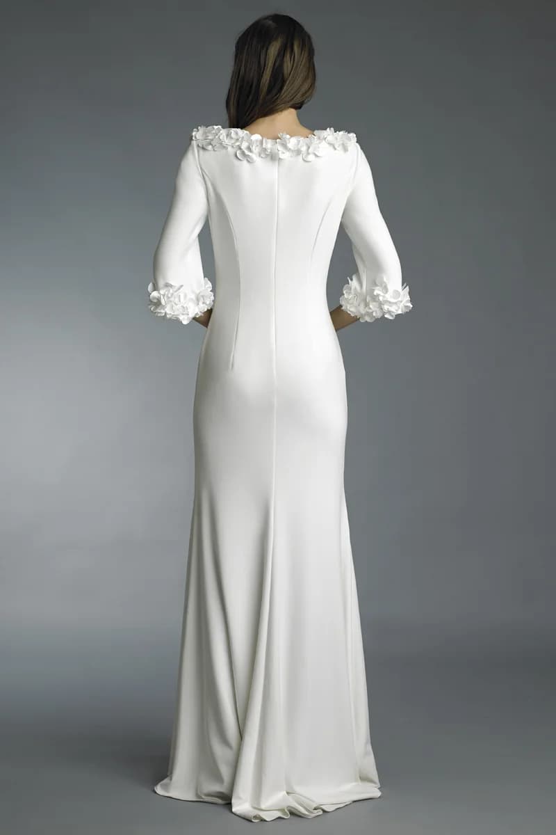v neck gown with laser cut floral motif on sleeve and neckline view 2