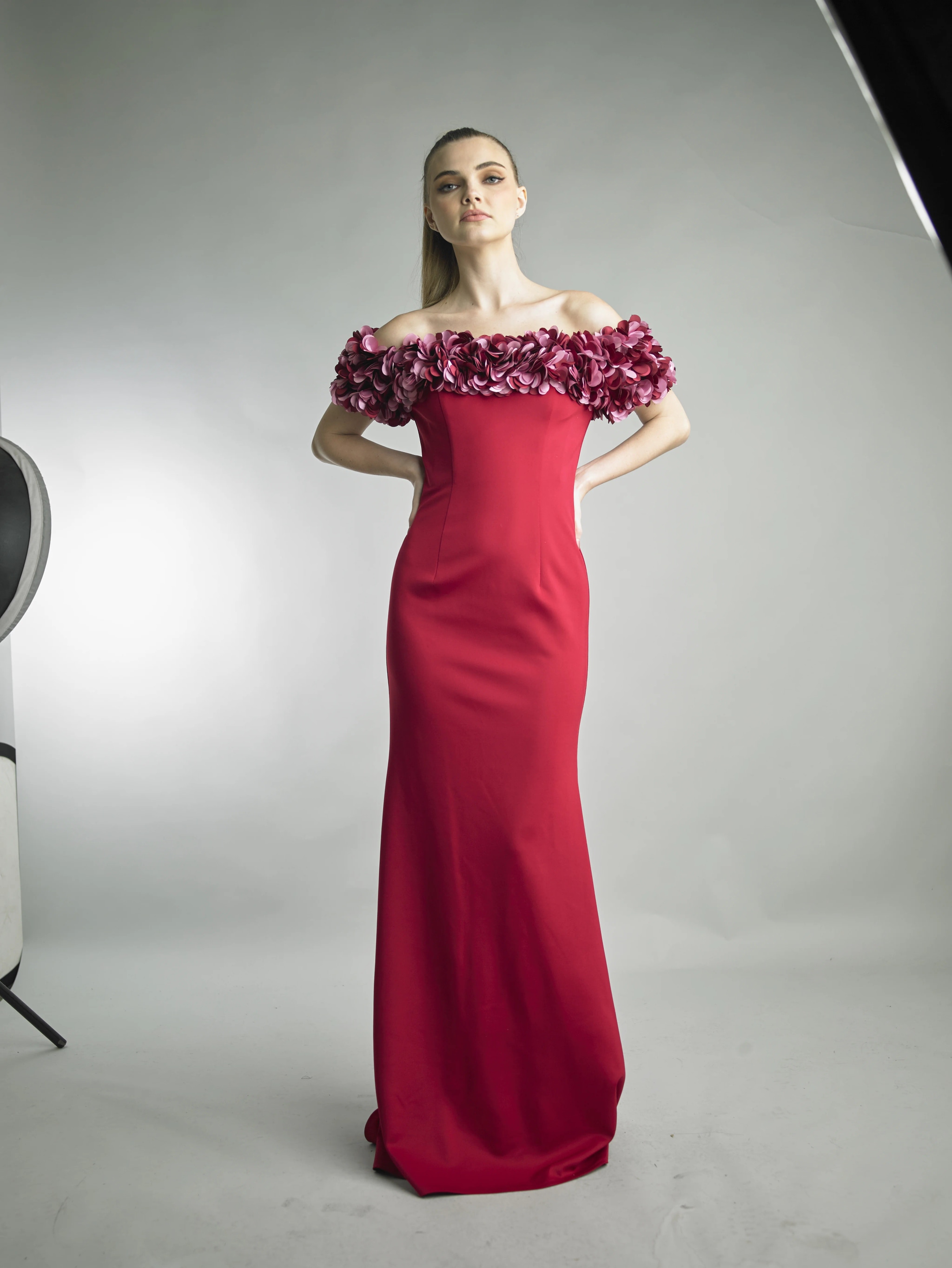 Laser-Cut Petal Off-Shoulder Mermaid Gown
